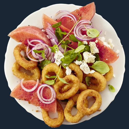 Calamares auf Melonen-Fetasalat